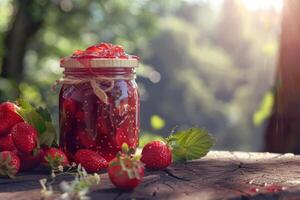 A jar of strawberry jam with fresh strawberries on a wooden table photo