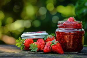 Strawberry jam in a jar on a wooden table photo