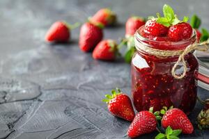 Strawberry jam in a jar with fresh strawberries on a dark background photo