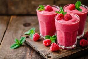 Raspberry smoothie with fresh raspberries and mint leaves on wooden table photo