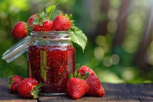 A jar of strawberry jam with fresh strawberries on a wooden table photo