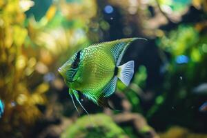 A green and black fish swimming in an aquarium photo