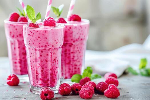 Raspberry smoothie with fresh raspberries and mint leaves photo