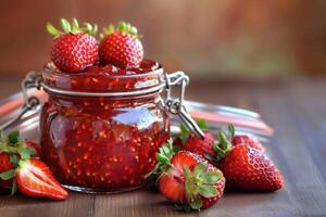 Strawberry jam in a jar on a wooden table photo