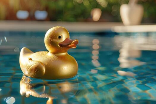 un caucho Pato flotante en un piscina foto