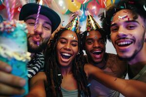 A group of friends taking a selfie with a party hat photo