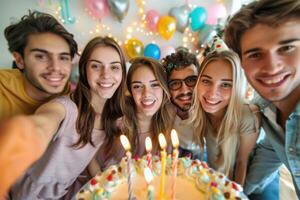A group of friends taking a selfie with a birthday cake photo