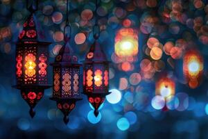 A Collection of Beautiful Ramadan Lanterns Hanging Brightly in the Night photo