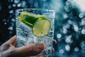 Hand Holding a Glass of Refreshing Cocktail with Lime and Ice, Perfect for a Summer Toast photo