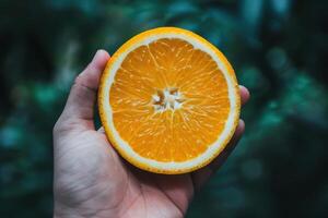 A Hand Holding a Fresh and Juicy Slice of Orange Ready to Eat photo
