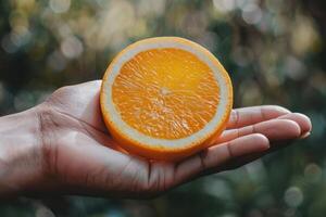 A Hand Holding a Fresh and Juicy Slice of Orange Ready to Eat photo