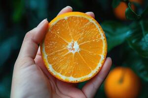 Juicy Slice of Orange Held in Hand Showing Fresh and Zesty Goodness photo