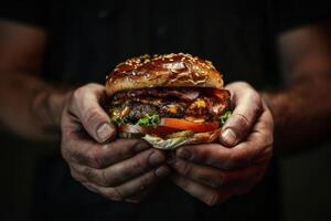 A man holding a burger with bacon and tomatoes photo