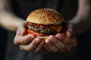 A person holding a hamburger in their hands photo