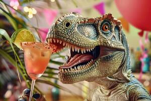 Joyful Dinosaur Sipping on a Refreshing Cocktail at a Festive Event, Perfect for an Amusing and Lively Scene photo