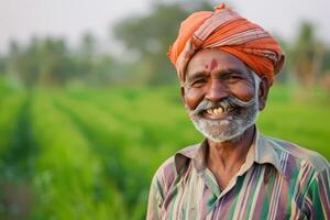 A Happy Indian Farmer Standing Proudly in His Lush Green Field of Crops photo