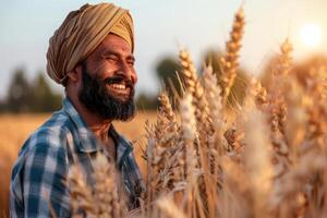 Indian Farmer Smiling Contentedly in His Expansive Green Field of Agriculture photo