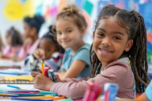 A group of children sitting at desks with colored pencils photo