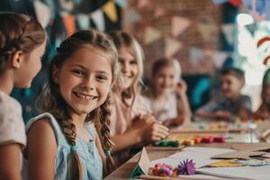 Children at table with paper crafts photo