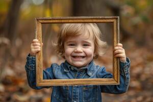 A young boy holding up a wooden frame photo