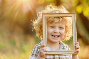 A little boy holding up a picture frame photo