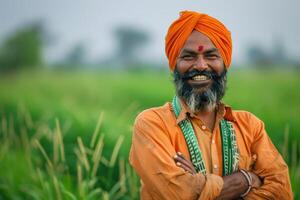 Joyful Indian Farmer Posing in a Vibrant Green Field, Embracing the Fruits of His Labor photo