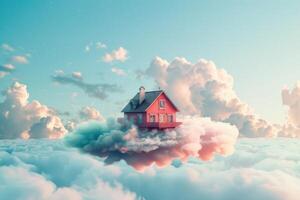 House Suspended on Clouds in a Surreal Landscape photo