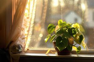 Cozy Indoor Setting with a Houseplant Bathed in Bright Sunlight by the Window for a Peaceful Atmosphere photo