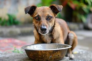 A Hungry Dog Waiting Next to an Empty Bowl, Hoping for Some Food photo