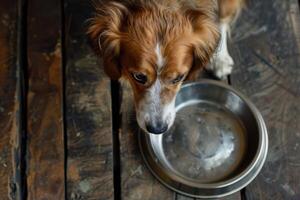 Sad Expression on a Dog with an Empty Bowl, Signaling Its Need for a Meal photo
