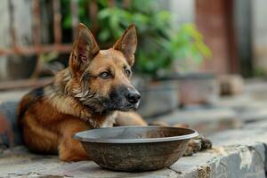 A Hungry Dog Waiting Next to an Empty Bowl, Hoping for Some Food photo
