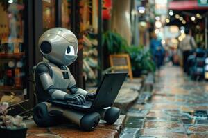 Futuristic Robot Interacting with a Laptop photo