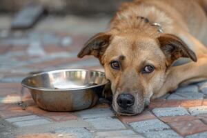 Sad Expression on a Dog with an Empty Bowl, Signaling Its Need for a Meal photo