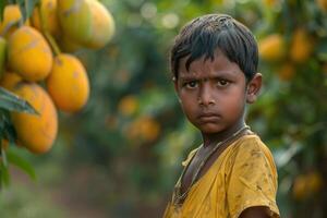 Joyful Indian Child Among Mango Trees on the Farm photo