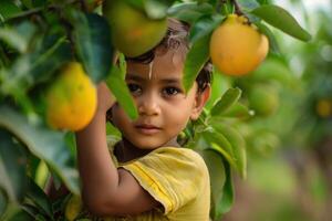 Indian Little Boy Exploring a Mango Farm photo