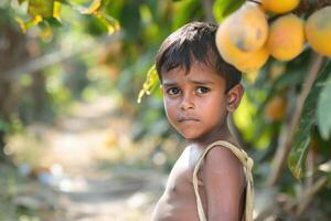 Joyful Indian Child Among Mango Trees on the Farm photo