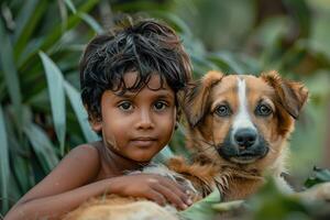 Joyful Indian Child Enjoying Time with a Cute Dog photo