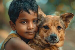 Joyful Indian Child Enjoying Time with a Cute Dog photo