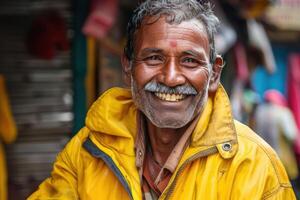 Joyful Indian Man Wearing a Vibrant Yellow Jacket photo