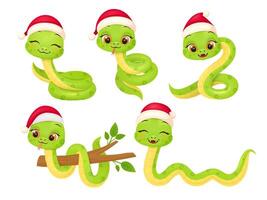 Cute snake characters with smiling faces. Merry christmas and Happy new year 2025 invitation card. vector
