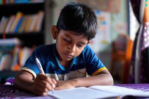Indian Schoolboy Doing Homework at His Study Desk at Home photo