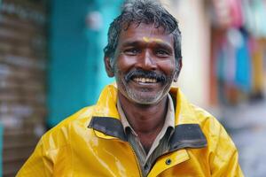 Indian Man Smiling Brightly in a Yellow Jacket photo