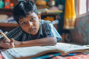 Focused Indian Student Working on Homework in a Home Setting photo
