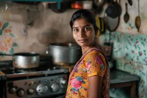 Indian Woman or Housewife Standing in the Kitchen Preparing a Meal photo