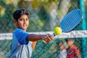 Indian Young Player Engaged in a Pickleball Game on the Court photo