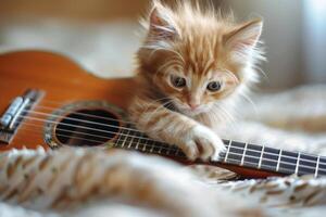Cute Kitten Engaged with a Guitar, Capturing a Fun and Playful Scene Full of Joy photo