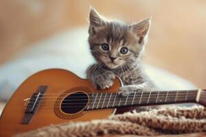 Cute Kitten Engaged with a Guitar, Capturing a Fun and Playful Scene Full of Joy photo