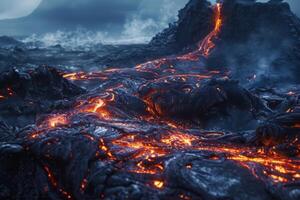 Molten Lava Flowing Down an Active Volcano photo