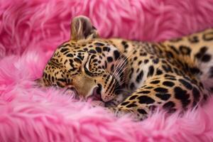 Peaceful Leopard Resting on a Soft and Plush Pink Bed, Showcasing a Relaxing and Serene Scene photo
