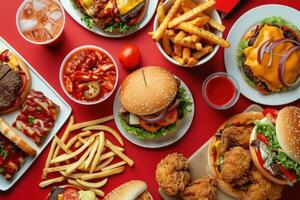 A Red Table Loaded with Delicious Fast Food Including Juicy Burgers and Crispy Fries photo